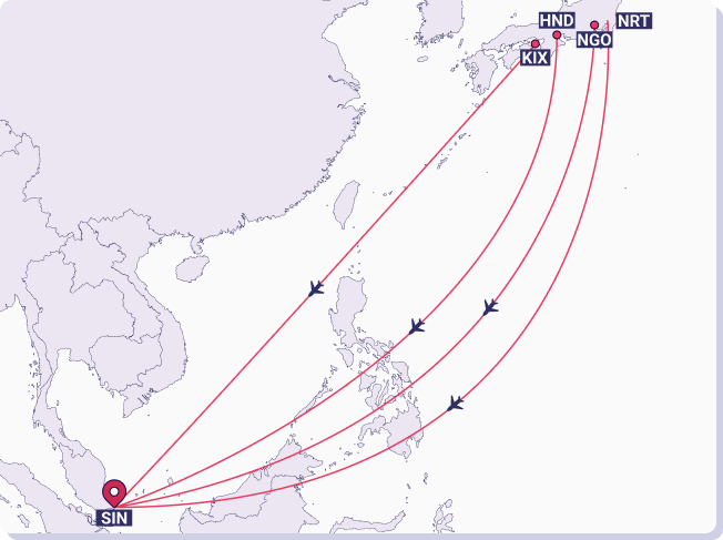 の**チャンギ空港 (SIN)** への直行便が出ています。